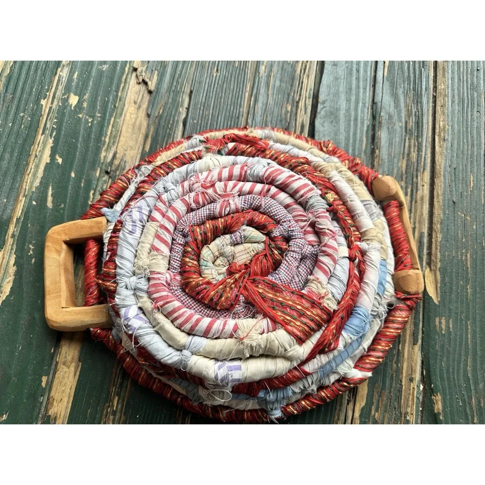 FABRIC WOVEN‎ BASKET 2 WOODEN HANDLES 14